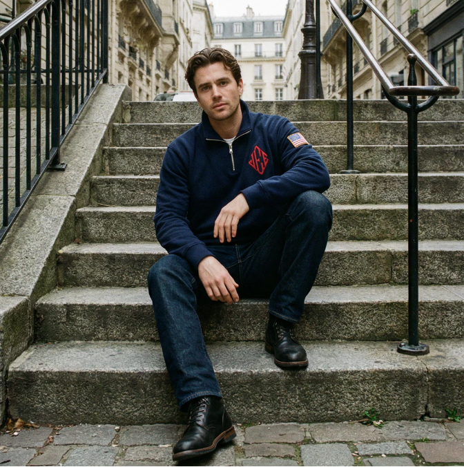 Y2K Retro Epstein Embroidered Quarter Zip Sweatshirt –Navy Blue