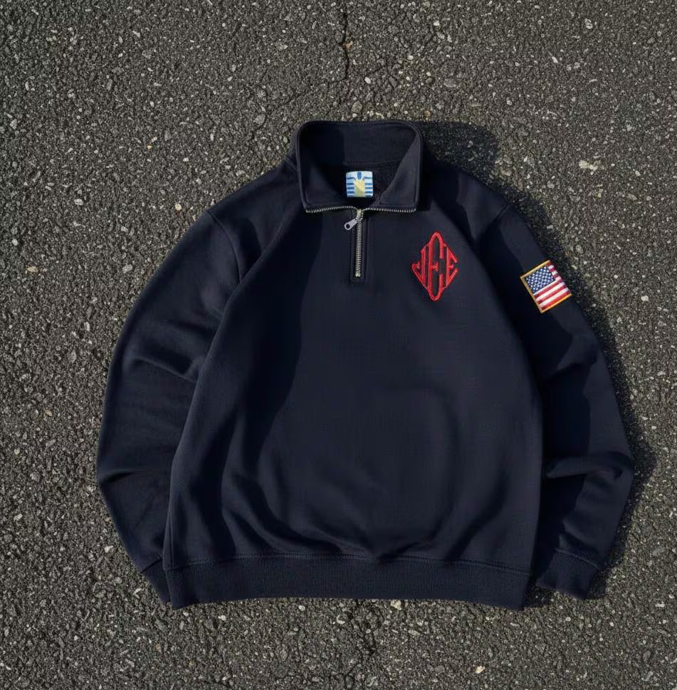 Y2K Retro Epstein Embroidered Quarter Zip Sweatshirt –Navy Blue