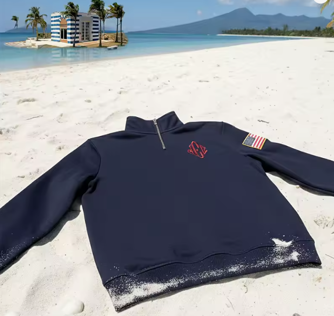 Y2K Retro Epstein Embroidered Quarter Zip Sweatshirt –Navy Blue
