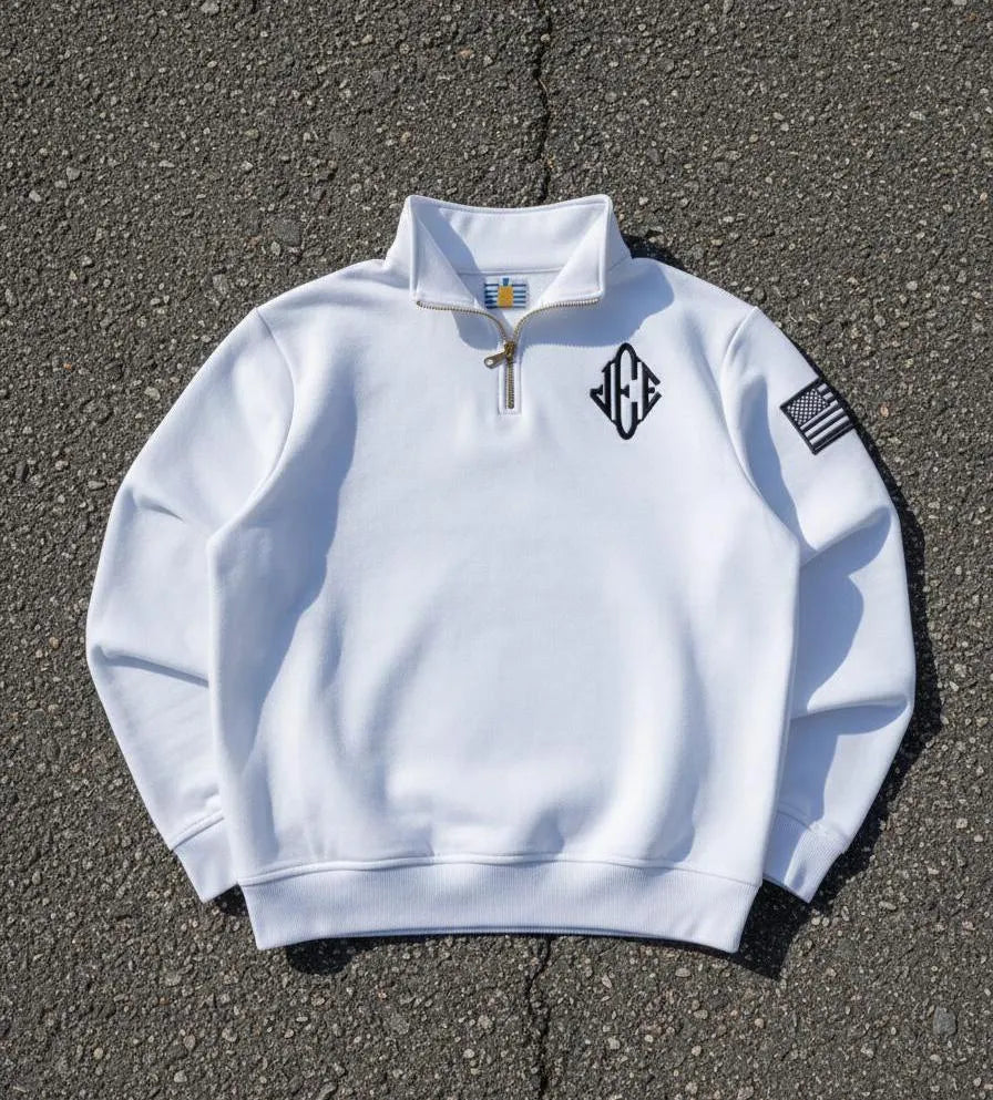 Y2K Retro Epstein Embroidered Quarter Zip Sweatshirt –WHITE